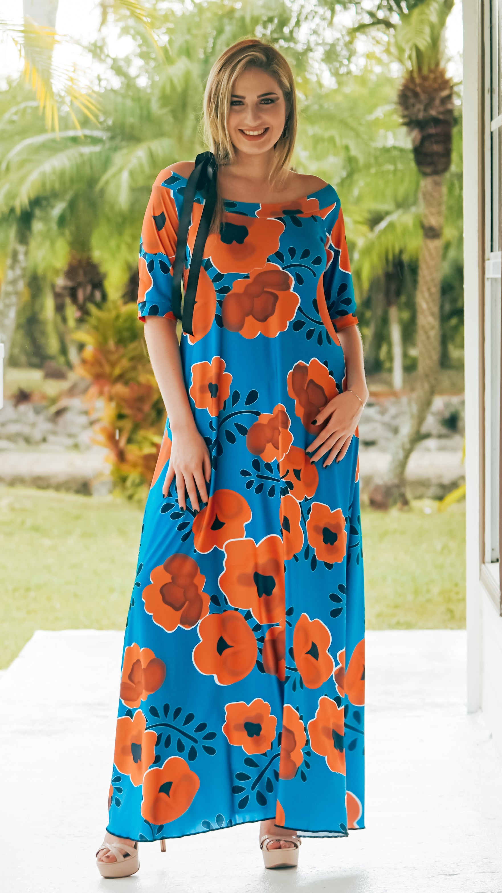 Summer Blooms Valeria Long Dress, Orange Blooms L Summer Blooms Valeria Long Dress, Orange Blooms L